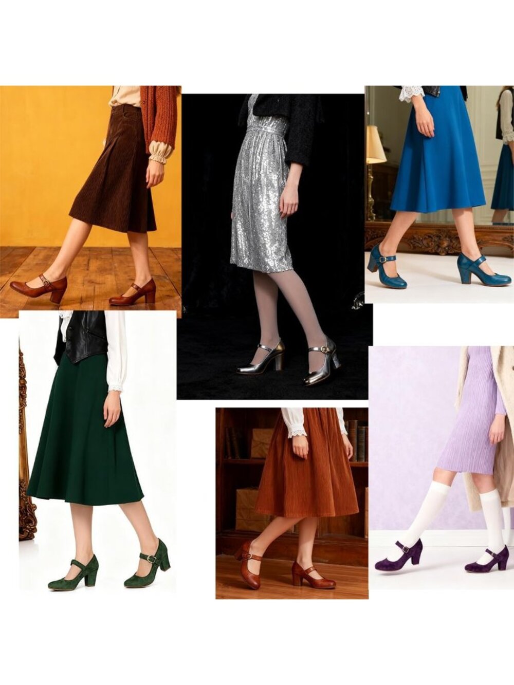 Women's Gold Vintage Chunky Round Closed Toe Ankle Strap Patchwork Buckle Pumps - Picture 7 of 7